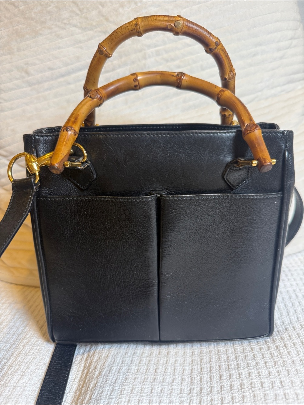 GUCCI Old Bamboo 2Way Shoulder Bag Black Full Leather Vintage Authentic